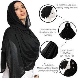 Faticinfa Women Hijab Viscose With Matching Color Hijab Cap Set, Cotton Hijab With Inner Fashion Hijab Scarf Set