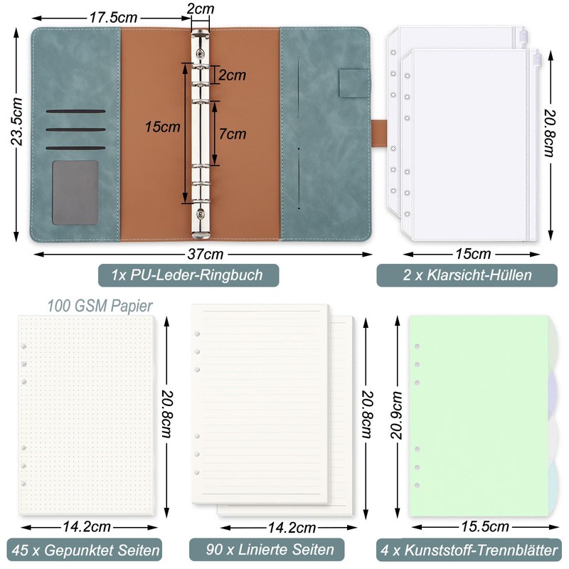 Ring Binder A5 Refillable, PU Leather Binder Notebook with 135