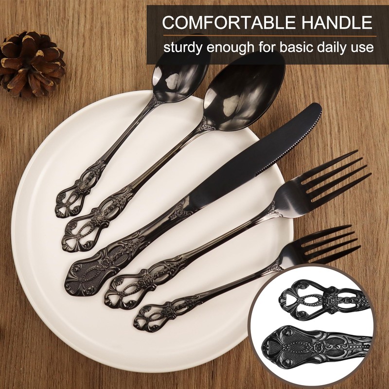 Runfly Retro Royal Black 48 Pieces Flatware Set, Gorgeous Black
