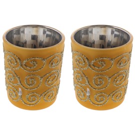 Glass Votive Candle Holders Holiday Decorative with Glitter Swirls - Set of 2 (Gold)