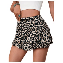 SweatyRocks Women's Leopard Print Ruffle Hem Flared Skirt Shorts Elastic Waist Mini Skorts Multicolor L