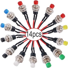 RUNCCI-YUN 14 Pcs 1A 250V AC 2 Pins SPST Normal Open Mini Momentary Push Button Switch with Pre-soldered Wires