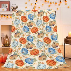 Autumn Fall Orange Pumpkins Throw Blanket, Lightweight Anti-Pilling Flannel Throw Blankets, Orange Leaves Soft Warm Aldult Fleece Blanket for Living Room Couch Sofa Bed Chair (60"X50")