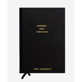 PopJournal Abridged Progress Over Perfection Motivational Journal for Women - Hard Cover Note Book w/ Black Faux Vegan Leather Cover, GSM FCS certified paper, Sewn Binding 6 Month Usage, Gold