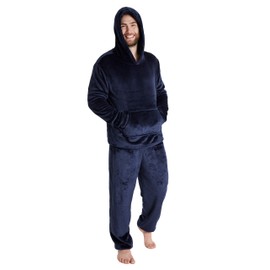 CityComfort Mens Pyjamas Set, Warm Fleece Pyjamas for Men with Fluffy Hoodie (Navy, XL)