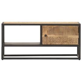 vidaXL TV Stand/TV Console - Rough Mango Wood TV Unit with Carved Door - Industrial Sideboard - Sturdy TV Cabinet with Iron Frame - 35.4" x 11.8" x 15.7" - Handmade Lowboard for Living Room