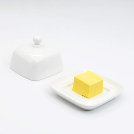 NAGU Mini Square Butter Dish with Lid, White Procelain Domed Cheese Dish with Handle Individual Serving Small Butter Tray, Cute Ceramic Dessert Serving Bowl for Table, Countertop, Refrigerator