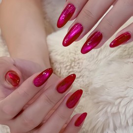 Glamorous Long Acrylic Fake Nails, Shiny Ombre Red to Pink Color, Almond Shape of 24pcs