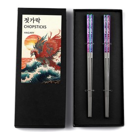 Phoenix Chopsticks Metal Reusable Designed In Korea Japanese Style Stainless Steel 316 18/10 Non-Slip Dishwasher Safe Laser Etched (Rainbow - 2 Pairs)