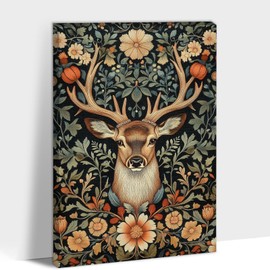 TIMUBA William Morris Reindeer Wall Art Framed - William Morris Vintage Botanical Floral Animal Wall Art For Living Room, Art Nouveau Wall Art Canvas Print Wrapped, Pine Wood Frame 18''x24''