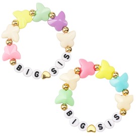 Ptwola 2pcs Big Sister Bracelets Butterfly Charm Colorful Rainbow Letter Beads Bangles Surfer Stretch Stackable Jewelry Accessories Gift for Big Sis Bestie Birthday