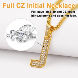 U7 Mens Gold Letters Necklace with Stunning Stones, 18K Real Gold Plated Iced Out Initial A-Z Name Necklaces Pendant & Chain -J