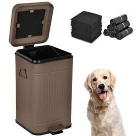 Umtiti Dog Poop Trash Can with Lid for Outdoors，3.2 Gallon Trash Can with Activated Carbon Filter & Plastic Bags, Pet Waste Container，UP12L-Brown-F+90BK