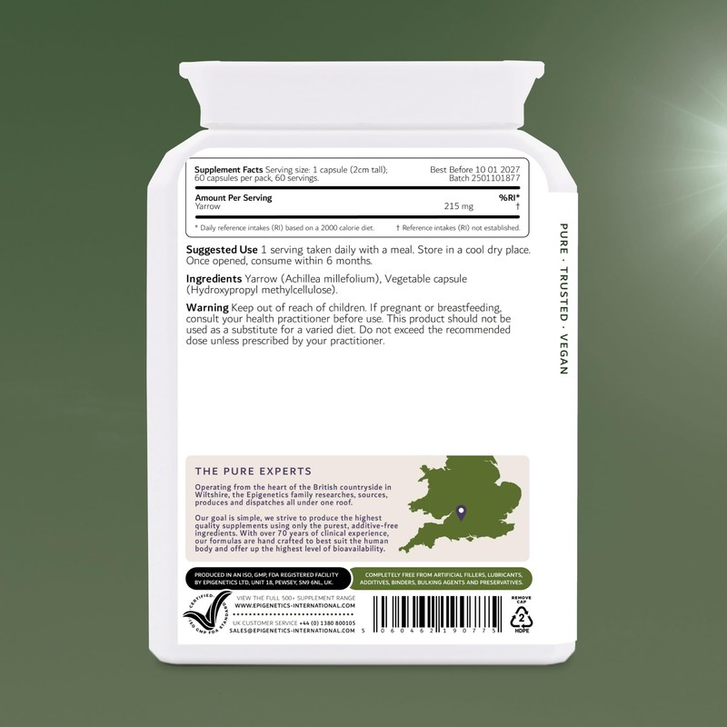 Yarrow 215mg | Natural Achillea Millefolium Herb Supplement | 60