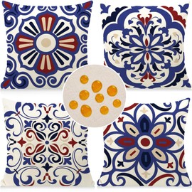 Cirzone Outdoor Pillow Covers 18x18 Set of 4 Morden Blue Geometric Patterns Waterproof Throw Outdoor Pillows Boho Decorations for Funiture Patio Garden Home