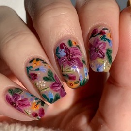 24 Pcs Flower Press on Nails Short Square Shaped Fake Nails Spring False Nails with Purple Flower Graffiti Designs Colorful Acrylic Nails Full Cover Floral Stick on Nails for Women DIY Manicure