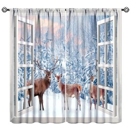 JESTRONRY Cortina de ciervos de invierno, pino de renos de Navidad, lindo bosque de animales salvajes con paisaje nevado, tela para el hogar, sala de estar, recámara, cocina, baño, decoración de 42 x 45 pulgadas