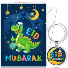DPKOW Dino Eid Mubarak Card for Kids, Happy Eid Card, Eid Mubarak Greeting Card with Envelope, Islamic Eid Gifts for Kids Family, Dinosaur Keyring Eid Birthday Gifts