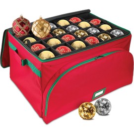 HOLDN’ STORAGE Premium Christmas Ornament Storage Container - Holds Up to 72-4” Ornaments Durable 600D Fabric - Adjustable Dividers - 3 Individual Trays - Metal Frame - Red