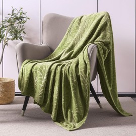 Whale Flotilla Cuddly Blanket with Leaves Pattern, Warm Sofa Blanket, Super Soft and Cuddly Flannel Blanket, 130 x 150 cm, Olive Green