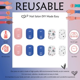 Short Press on Nails Pink Nails Fake Nails Square Glue on Nails with Solid Color Designs False Nails Blue Acrylic Nails Floral Nails Irregular Points Stick on Nails for Women and Girls 24Pcs