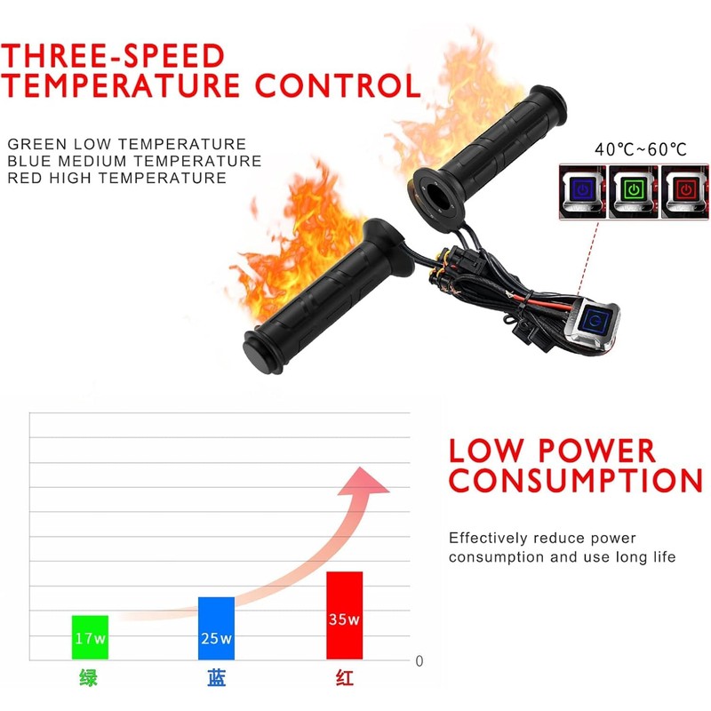 7/8'' ATV UTV Heated Handlebar Grips, 12V 3 Temperature Electric