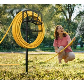 Fire Beauty Garden Hose Holder,Freestanding Water Hose Holder with Storage Basket,In ground Hose Rack Organizer for Outdoor,Detachable Hose Holder Stake,Hose Reel Stand Rack for Outside Lawn Yard