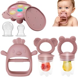 Guante de Dentición de Silicona para Bebé | Alimentador de Frutas 2 en 1 con Bandeja de Congelador | Mordedor para Aliviar la Dentición (Incluye 3 Mallas y 1 Molde de Polo) | Set Completo para Alimentación Complementaria - Rosa