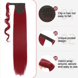 S-noilite Wrap Around Straight Ponytail Extensions 26 Inch Long Straight Clip in Ponytail for Women Synthetic Magic Wrap Pony Tail Hairpiece Soft Silky (26"Straight,Dark Red)