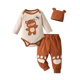 Newborn Baby Boy Outfit Cartoon Bear Print Button Down Romper Pants Hat Infant Clothes Set Brown Newborn