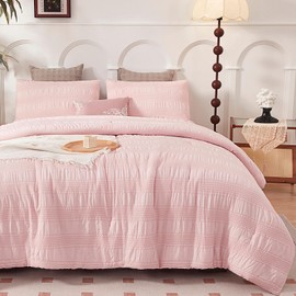 Catesgoo Queen Comforter Set Blush, 3 Pieces Seersucker Bed Set, Soft & Warm Lightweight Bedding Comforter Sets for All Season, Bedding Sets with Comforter, 2 Pillowcases