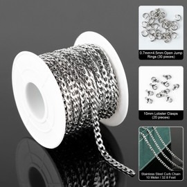 YOUBEIYEE - Cadenas cubanas de acero inoxidable plateado de 33 pies, carrete a granel con anillos de salto, cierres de langosta para hacer joyas, collares, gargantillas, pulseras, tobilleras