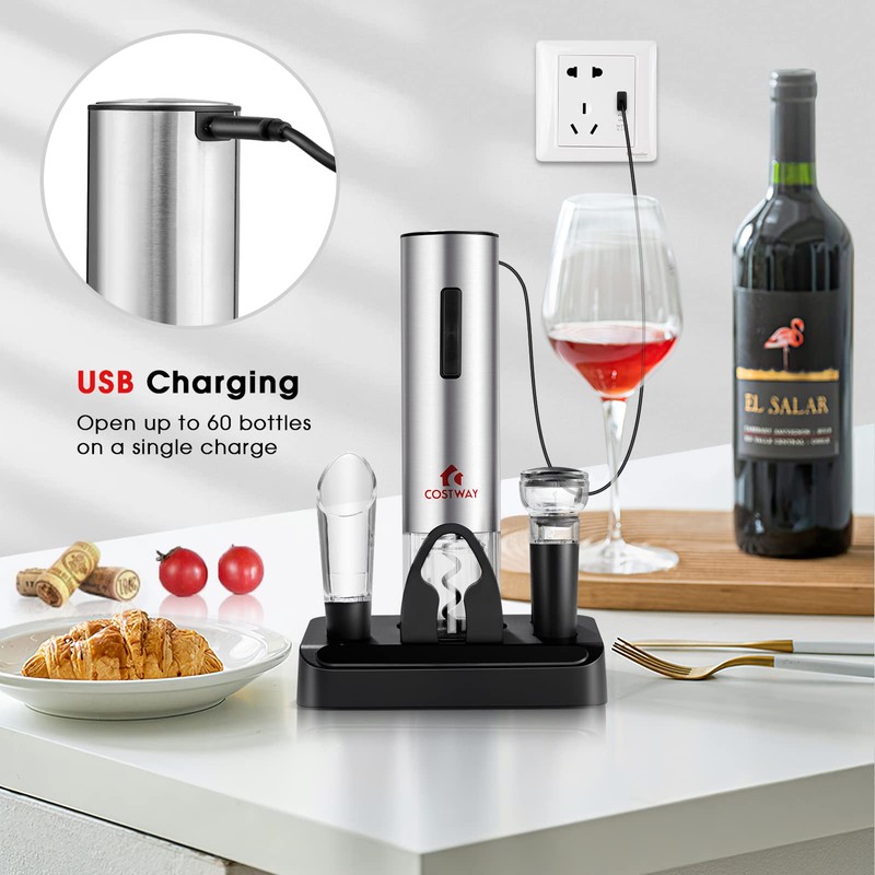 COSTWAY Electric Wine Bottle Opener Set, 6-in-1 Rechargeable Corkscrew Opener