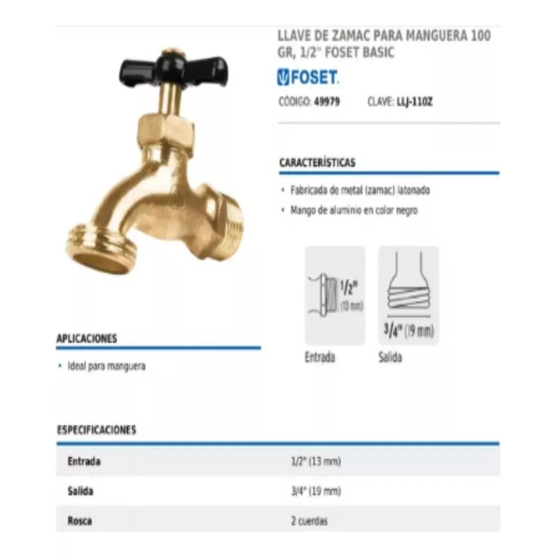 Foset Llave Con Rosca Para Manguera De Jardín Lavadero Agua