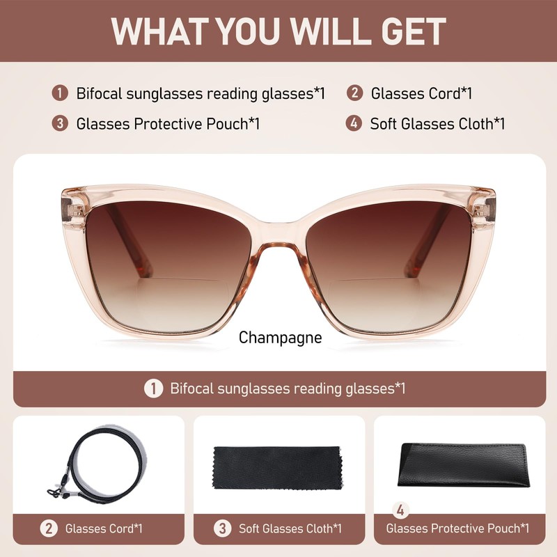 PUBOWT Bifocal Reading Sunglasses for Women Oversized Cat eye Fashion