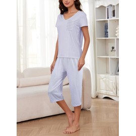 YIJIU 2 Pack Womens Pajamas 4 Piece Summer Short Sleeve Sleepwear Set Soft Classic Floral Print Casual Loungewear,Purple Pink,XL