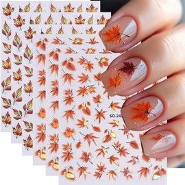 Fall Nail Stickers Laser Maple Leaf Nail Decals 6PCS Self Adhesive Pegatinas para Uñas Autumn Brown Yellow Leaves Design Nail Art Supplies DIY Manicure Supplies for Women Nail Decorations Charms