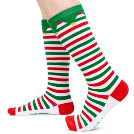 HAPPYPOP Christmas Gifts Stocking Socks for Tween Girls - Christmas Striped Knee High Elf Socks Elf Stockings, Red White Green Striped Socks