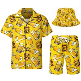 DOOPCCOR Men's 3 Piece Tracksuit Beer outfit for men Collared funny Hawaiian Shirt rave outfits beach Shorts Button Down Sets With Bucket Hats 17-XXL