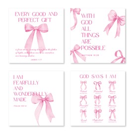 Shescrzionu 4 PCS Coquette Room Decor and Pink Bow Decor Room Decor For Teen Girls, 10x10 Bible Verses Wall Decor, Preppy Posters for Bow Pictures for Bedroom - A05