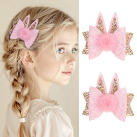 2pc Glitter Pink Easter Bunny Hair Bow Clip Alligator Hairpins Barrettes for Girls Kids Spring Holiday Decor Accessories Gift (Easter H)
