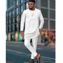 ATLYCOLOR African Church Suits for Men Dashiki Shirt Pant Two Piece Outfits Casual Attire Nigerian Clothes TR5 White XX-Large