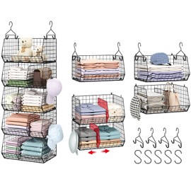 5 Tier Closet Hanging Organizer with 5 Dividers,Extra Large Closet Hanging Shelves with 5 S Hooks,Closet Organizers and Storage,Clothes Organizer for Sweaters Clutches Handbags Hats Accessories-Black