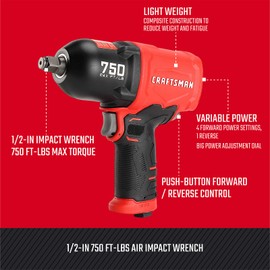 Craftsman CMXPTSG1003NB ½-in 750 ft-lbs Air Impact Wrench, Red and Black