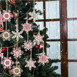 12Pcs Snowflakes Design Christmas Tree Ornament Christmas Decorations Candy Snow Flakes Hanging Wooden Ornament for Christmas Tree Decorations Kitchen Home Decor Holiday Party Supplies