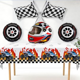Shark Racing Eco-friendly Paper Tablecloth Helmet Tire Wheels Black and White Checkered Flag Balloons for Motorcycle Truck Race Car Theme Balloons Boys Men Birthday Party Decorations