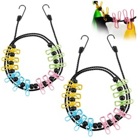 com-four® 2 x Travel Washing Line, 180-350 cm per Line, Camping Washing Line with Reflective Elastic, Washing Line with 12 Metal Clips, Mobile Washing Line with Hooks (Colourful/Black)