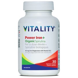 VITALITY VITALITY Power Iron + Organic Spirulina 30 Veg Capsules (30 Days) - Boosts Energy with Iron Bisglycinate, Vitamin B12, Folic Acid, Vitamin C to Build Blood, Boost Energy