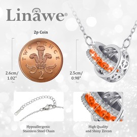 Linawe Interlocking Double Circle Silver Necklace for Women, Orange Moissanite Imitation Diamond Crystal Birthstone Rhinestone Cubic Zirconia Stainless Steel Chain Necklaces