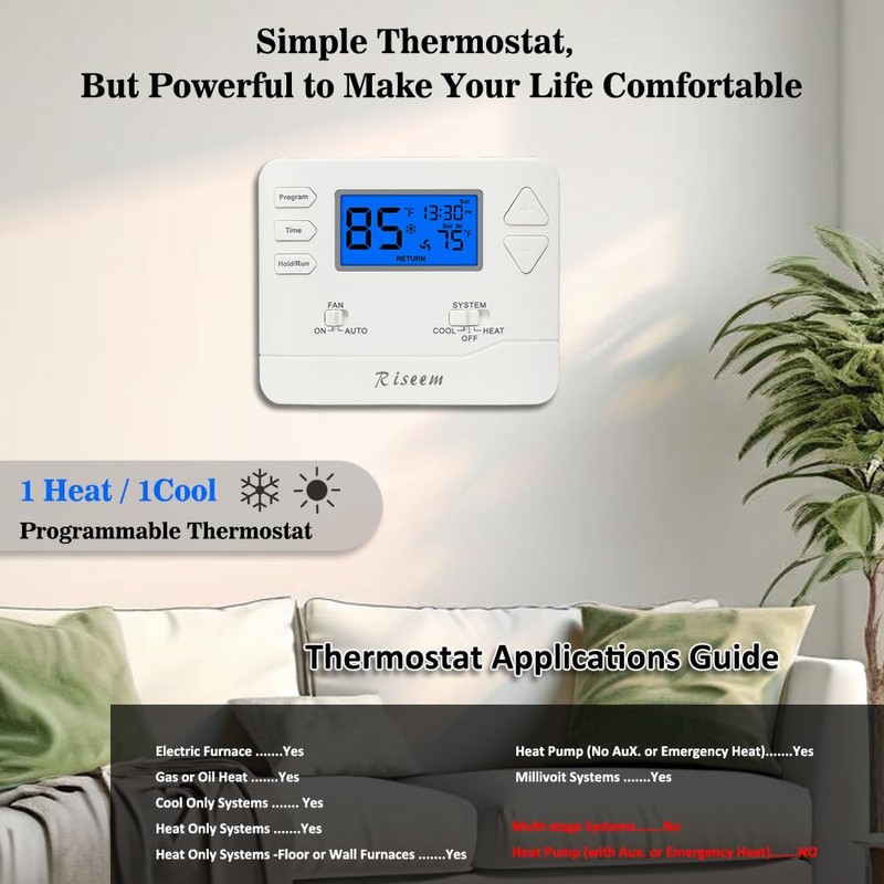 Programmable Thermostat for House,Conventional Single-Stage Systems,5-1-1 Day Programmable Digital Energy-Saving